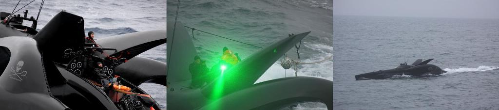 Vessel Ady Gil Attacks Japanese Whaling Ships with (from left to right) A Projectile Launcher, A Laser, and an Entangling Line, photos from icrwhale.org